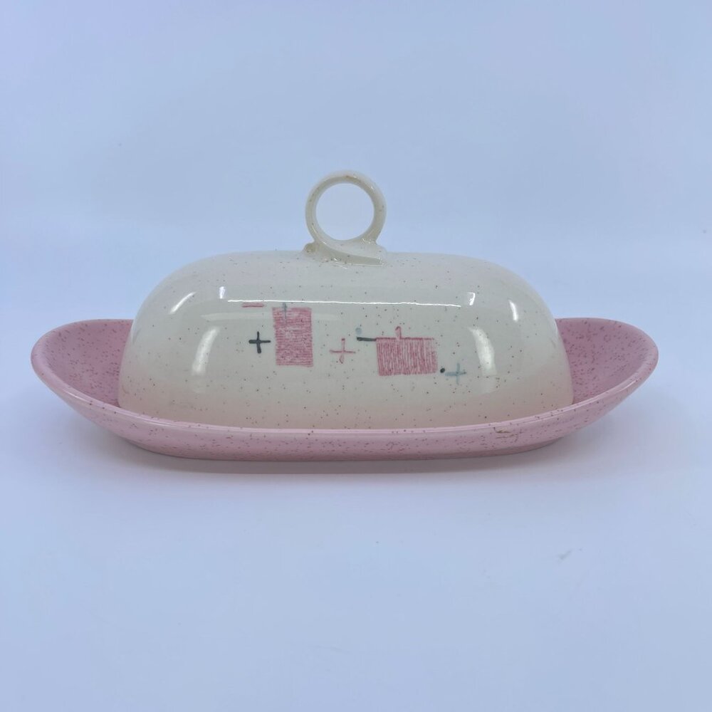 vintage vernon ware "tickled pink" covered butter dish speckled ceramic 1950s